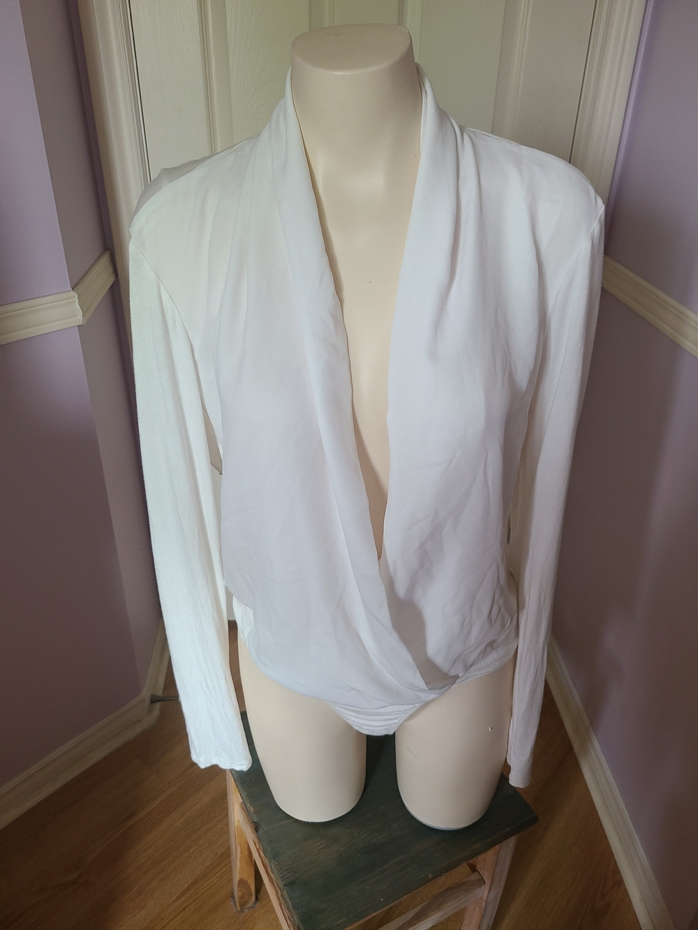 bebe White Draped Long-Sleeve Bodysuit